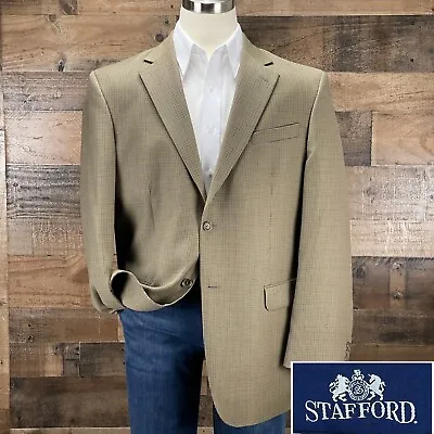 Stafford Sport Coat Blazer Suit Jacket Wool 2 Button Tan Brown Houndstooth 44L • $59.95