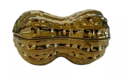 Pottery Barn Ceramic Gold Peanut Trinket Box Lidded Covered Dish NEW • $25.40