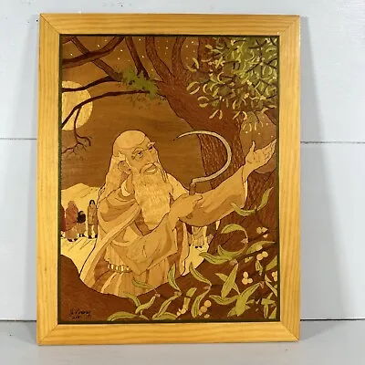 Folk Art Marquetry Wood Inlay Man With Sickle Wall Plaque ~ 12.5” X 10” Signed • $20