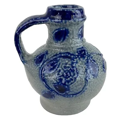 Vintage Gray & Cobalt Blue Salt Glazed German 4  Vase Jug Plewa Pottery Stonewar • $19.99
