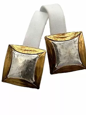 Marjorie Baer Modernist Clip On Earrings Copper Silver Tone 1.25 Inch Square • $17