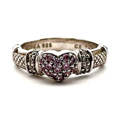 Judith Ripka Sterling Silver Pink & White CZ Cable Heart Ring-Size 9-4.6 G-A2540 • $44