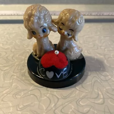 VIntage Pin Cushion Hong Kong White Plastic Love Lambs  BLack Base Red Heart • $14.99