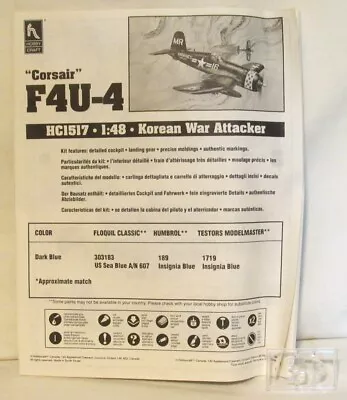 HobbyCraft #HC1517 Corsair F4U-4 Korean War Attacker Cockpit Parts & Instruction • $25