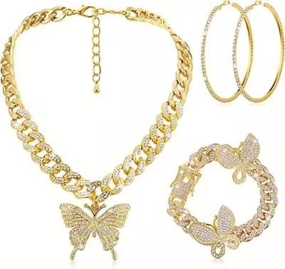 Gold Plated Butterfly Charm Cubic Zirconia Necklace & Hoop Earrings & Bracelet • $39.99