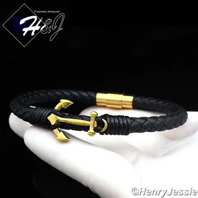 8.25 Stainless Steel 6mm Gold/Black Plated Anchor Braided Leather Bracelet*GB107 • $21.99