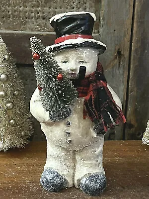 $54.82 • Buy Paper Mache Vintage Style Face Snowman W Bottle Brush Tree & Mica Snow Figure 8 