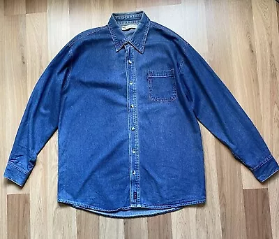 Vintage 80’s 90’s LE SHARK Blue Denim Shirt Cotton Pocket Button Up Long Sleeve • £24.99