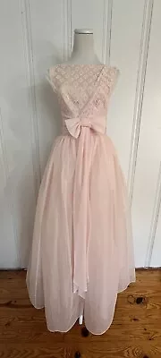 Vintage 1950s Dress ALDENS Prom Pink Lace Tulle Long Bow Detail *FAST SHIP* • $240