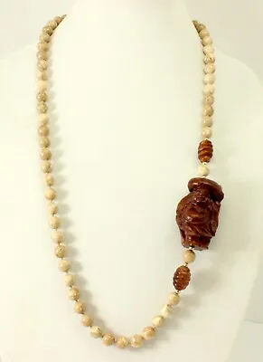 Vintage Carved Wooden Buddha Hand Knotted Agate Stone Bead Strand Necklace 30  • $39.99