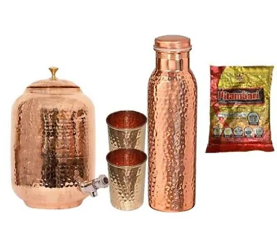 New Copper Water Dispenser (Matka) Hammered Container Pot With Bottle & 2 Glass • $61.08