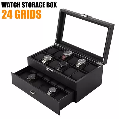 Double 24 Grids Watch Box Luxury Carbon Fiber With Drawer Display Organizer Gift • $49.99