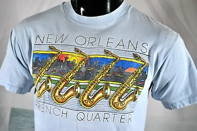 Vintage NEW ORLEANS Mardi Gras French Quarter Sax SHIRT Sz L Blue Single Stitch • $19