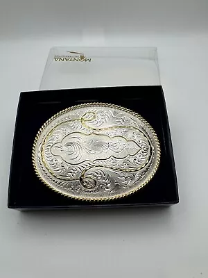 Vintage Large Oval Calligraphy Silver Plated Montana Silversmiths Belt Buckle • $44.99