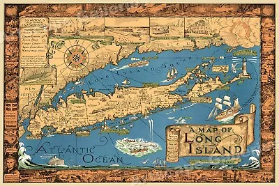  A Map Of Long Island  NY 1930s Historic Wall Map - 24x36 • $25.95