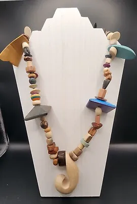 Vintage Hawaiian Hand Carved Colorful Wood Necklace Hand Strung  J  Fish Hook • $9.99