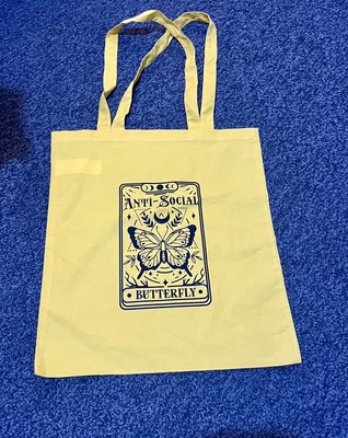 Antisocial Butterfly Vinyl Print Yellow Tote Bag Shopping Bag Reusable • £10
