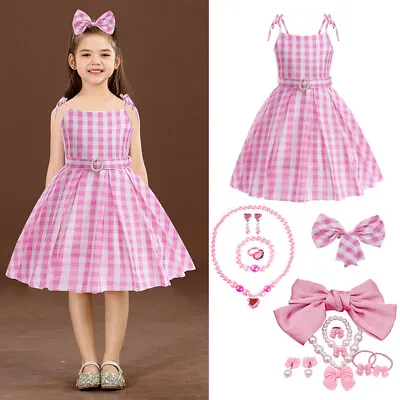 Kids Girl Pink Barbie Costume Princess Party Cosplay Tartan Skirt Fancy Dress UK • £13.99