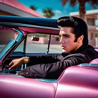 Elvis Inspired Fan Art Elvis In A Pink Cadillac RARE Signed By Artist  • $11.21