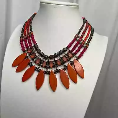 Red Statement Necklace Collar Costume Jewelry Beads Beaded Tribal Indian • $15