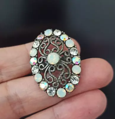 Vintage AB Ring Large Statement Aurora Borealis Art Deco Oval Swirls Crystals • $9.60