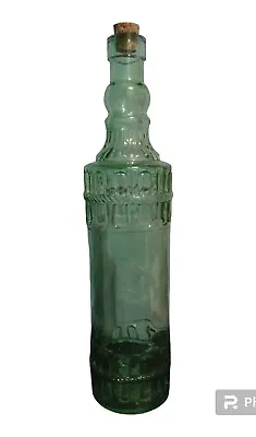 Tall Glass Bottle In Green W/Raised Design On Front & Back W/Cork 12.5  • $12