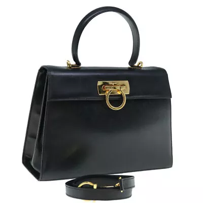 Salvatore Ferragamo Gancini Hand Bag Leather 2way Black Auth Th4485 • $636.47