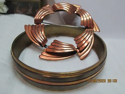 Vintage Art Deco Rev. Solid Copper Brooch Brass Copper  Bracelet Jewelry Lot 2pc • $27.95