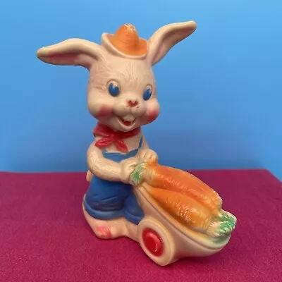 Vintage Sun Rubber Co Rabbit Pushing Carrot Cart Squeaker Toy - W Germany • $19.99