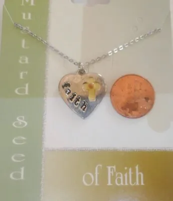 MUSTARD SEED OF FAITH Silvertone Cream Enamel HEART With CROSS Pendant Necklace • $6.99