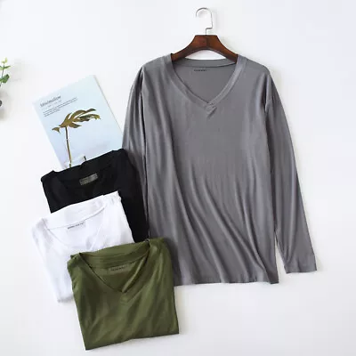 Men Bamboo Viscose Pajama Top V Neck Loose Long Sleeves Sleep T-Shirt Blouse • $15.90