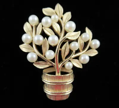 Signed Crown Trifari Vintage Gold Tone Faux Pearl Potted Tree Brooch Pin 1-3/4  • $99.95
