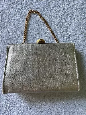Vintage Gold Lamé Evening Bag Rhinestone Clasp Clutch Chain Strap FREE SHIPPING • $25