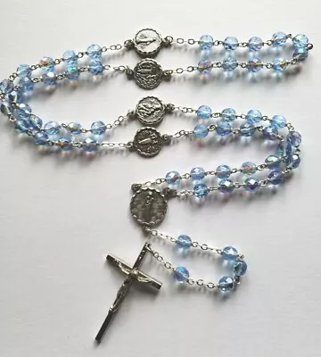 Vtg New Rosary Beads Blue Glass Our Lady Of Snows Mary Medals Crucifix Italy  • $14.98