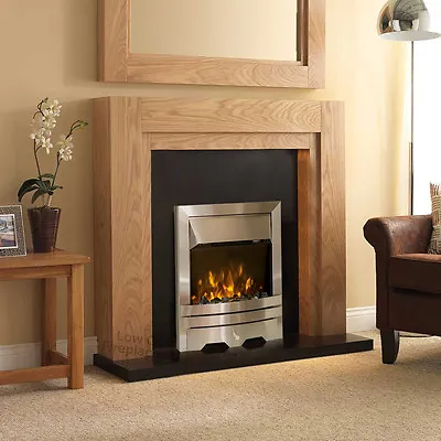 Electric Oak Wood Surround Silver Black Modern Fire Fireplace Suite & Mirror • £778