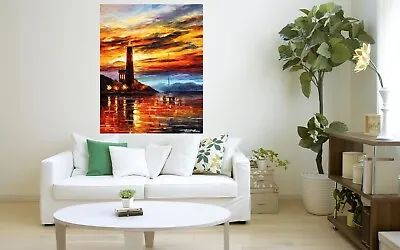 Leonid Afremov LIGHTHOUSE SUNSET Painting Canvas Wall Art Picture Print HOME • £67.15