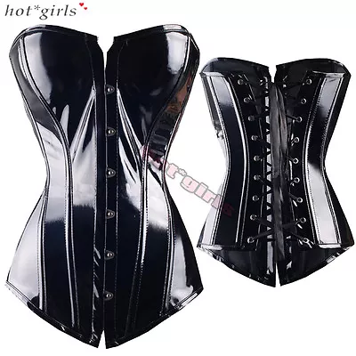 Black Dazzle PVC SteamPunk Corset Waist Trainer Cincher Burlesque Basque Tops UK • £22.79