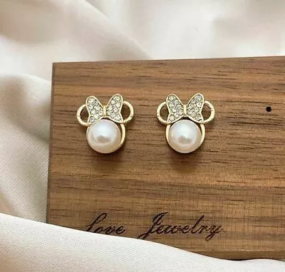 Girls 14K Gold Plated Disney Minnie Mouse Ears Bow CZ Rhinestone Stud Earrings • $9.99