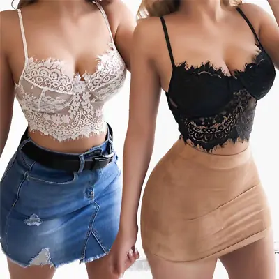 Womens Backless Lace Floral Bralette Crop Top Padded Bra Bustier Cami Vest Tank • £4.09