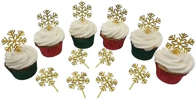 £3.50 • Buy 12 X GOLD SNOWFLAKE Christmas Cake Decorations Yule Log Cupcake Toppers