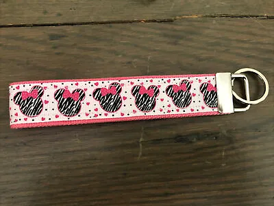 Minnie Mouse Head Zebra On Pink Nylon Webbing Keychain Key Fob 6  Handmade • $7.99