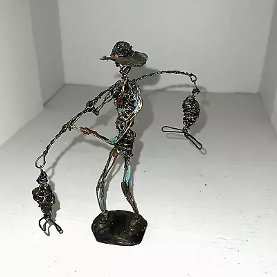 Hand Crafted Metal Wire Fisherman Sculpture Brutalist Style Made In Puerto Rico • $48.96