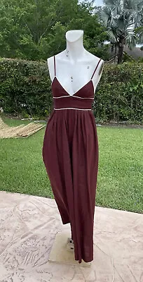 STAUD FIGUE REDISH BROWN LINEN SPAGHETTI STRAP PALLAZO PANTS JUMPSUIT Sz 0 • $124.99