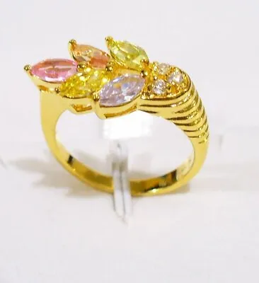 Women Valentine 24K Yellow Gold Plated Pink Olive Leaf Cubic Zirconia Ring UK L • £13.53