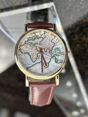 Colorful Map Watch Gold Hands Brown Leather Band New Battery • $10