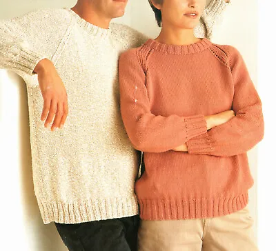 Ladies + Mens  Aran Weight Crew Neck Raglan Jumper Easy Knitting Pattern 32-46 • £2.99