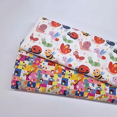 Happy Smiley Bugs Garden Cotton Fabric Bright Spring For Dressmaking Children • £3.15