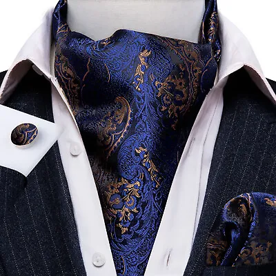 Mens Cravats Ascot Blue Gold Paisley Men Cravat Handkerchief Set Wedding • $11.99