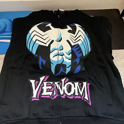 Marvel Venom Zip Up Hoodie Men's L Over The Face Mask Black Sweater Costume • $47.50