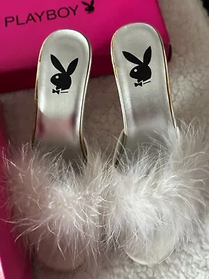 Playboy Slippers Official New In Pb Box Maribou White W/leather Sole Actual Pics • $84.99